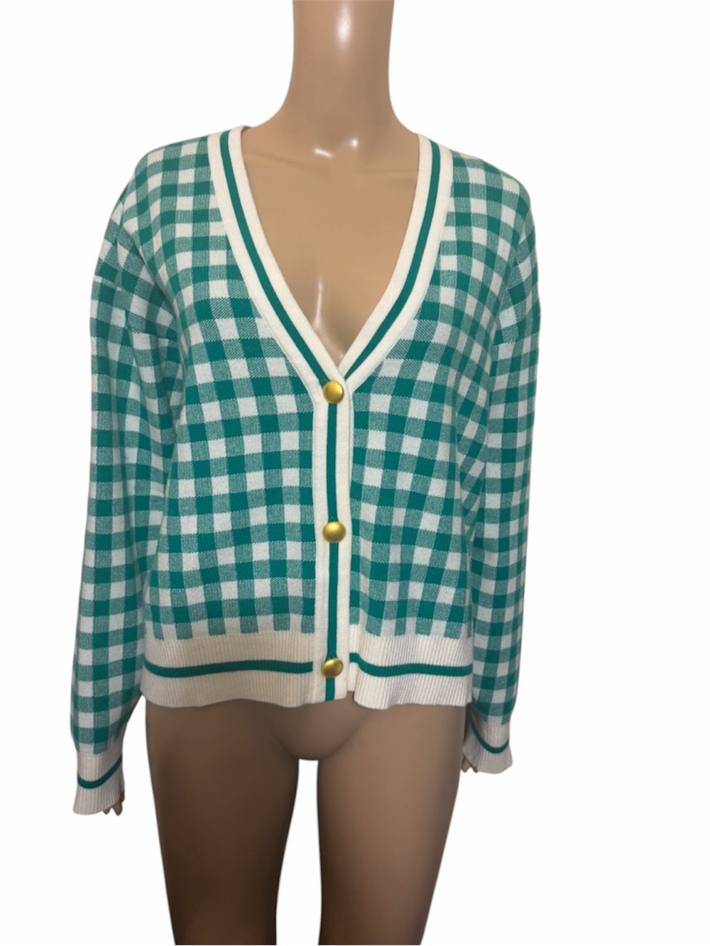 Marled Emerald Green Gingham Button Front Cardigan Sweate